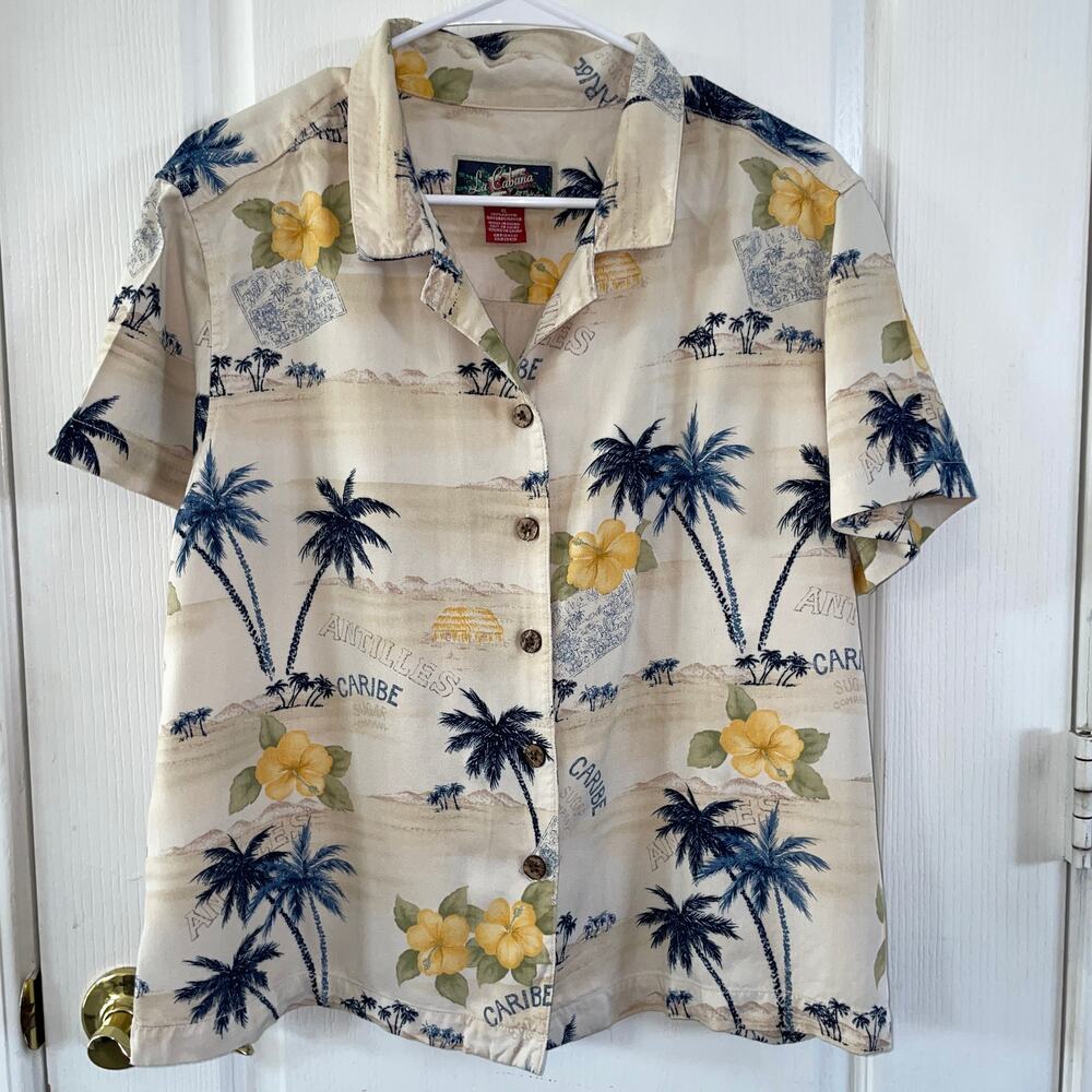 La Cabana Rayon Hawaiian Camp Shirt Tropical Palm Print Womens XL